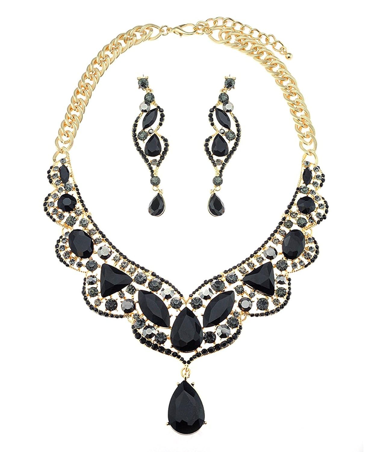 悬挂泪珠风格黑色宝石项链和耳环首饰套装 金色调-珠宝首饰-亚马逊